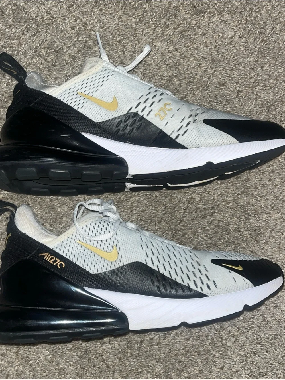 Nike Air Max 270 White Metallic Gold Black Mens 10.5 Shoes AV7892-100 Very Clean
